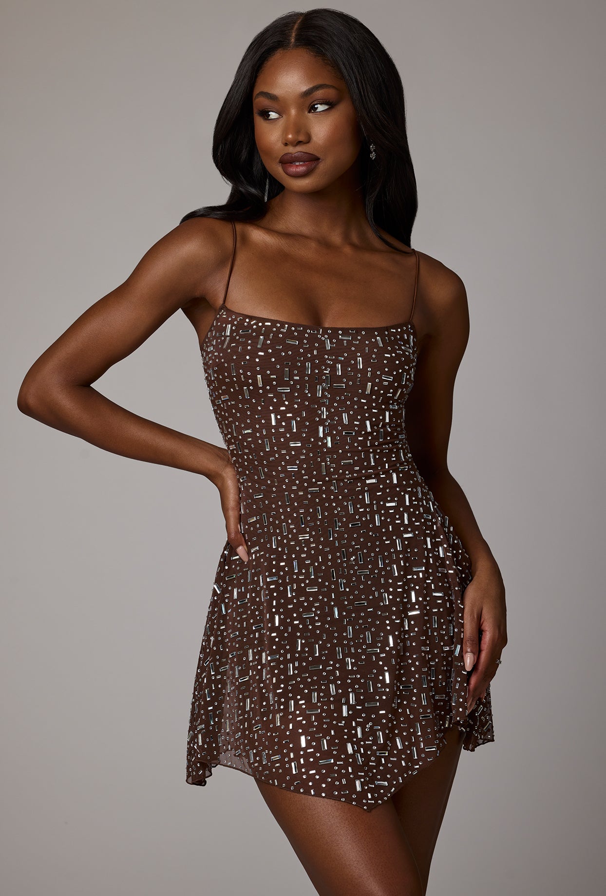 Durrani Sheer Embellished Scoop Neck Mini Dress in Deep Cocoa | Oh