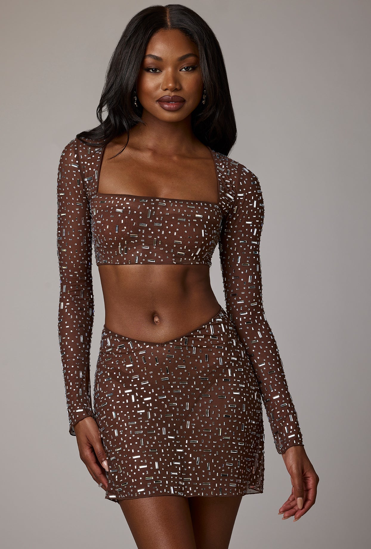 Guilia Sheer Embellished Long Sleeve Square Neck Crop Top in Deep