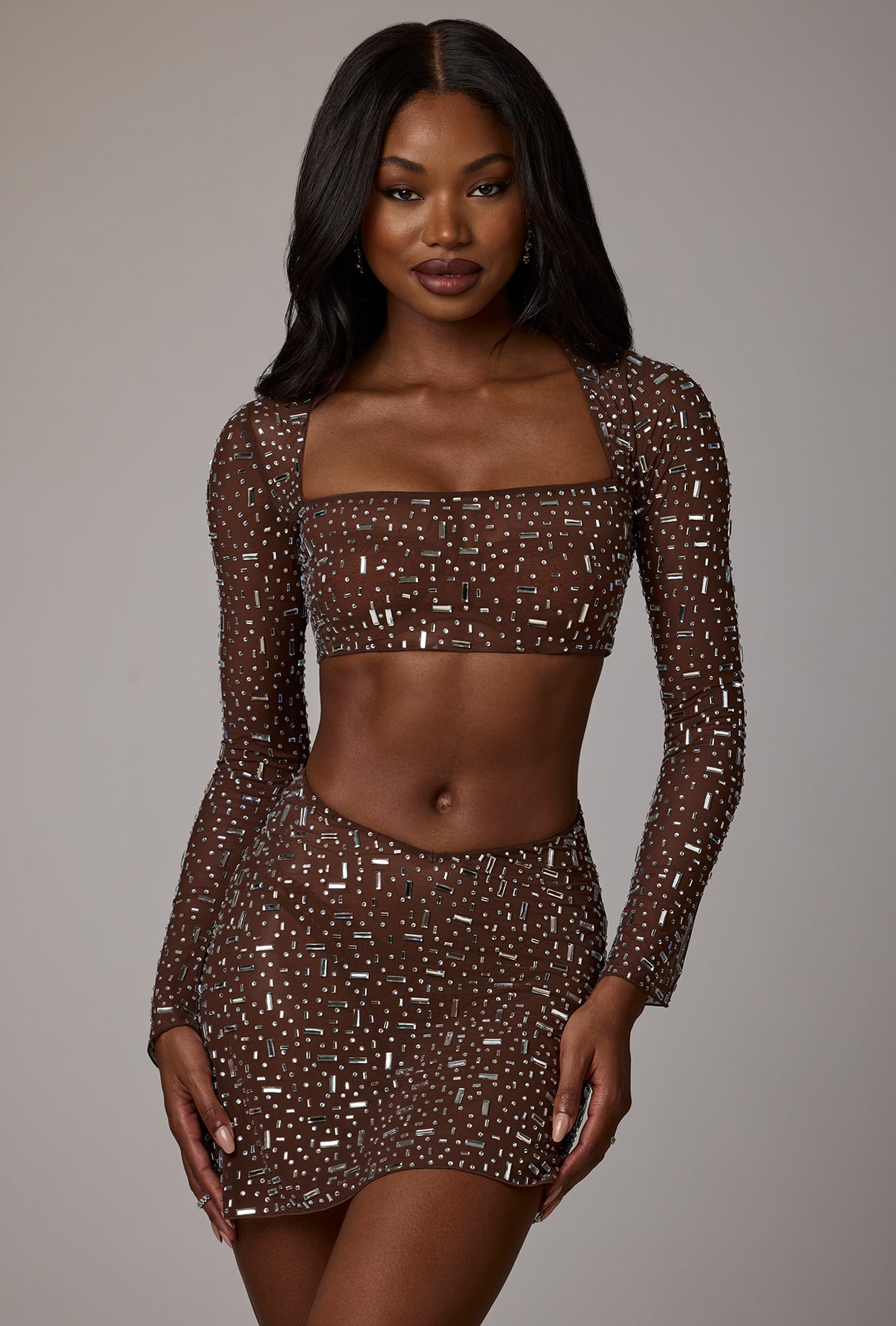 Guilia Sheer Embellished Long Sleeve Square Neck Crop Top in Deep Cocoa