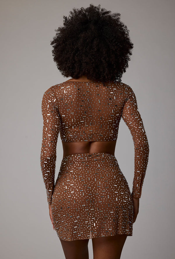 Sheer Embellished V Waist Mini Skirt in Mocha - 2