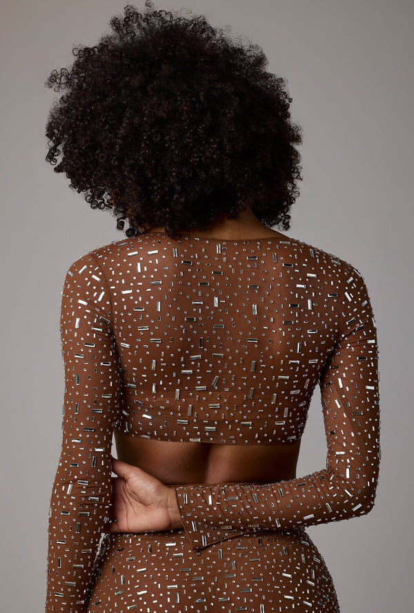 Sheer Embellished Long Sleeve Crop Top in Mocha - 2