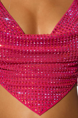Embellished Cowl Neck Open Back Crop Top in Hot Pink