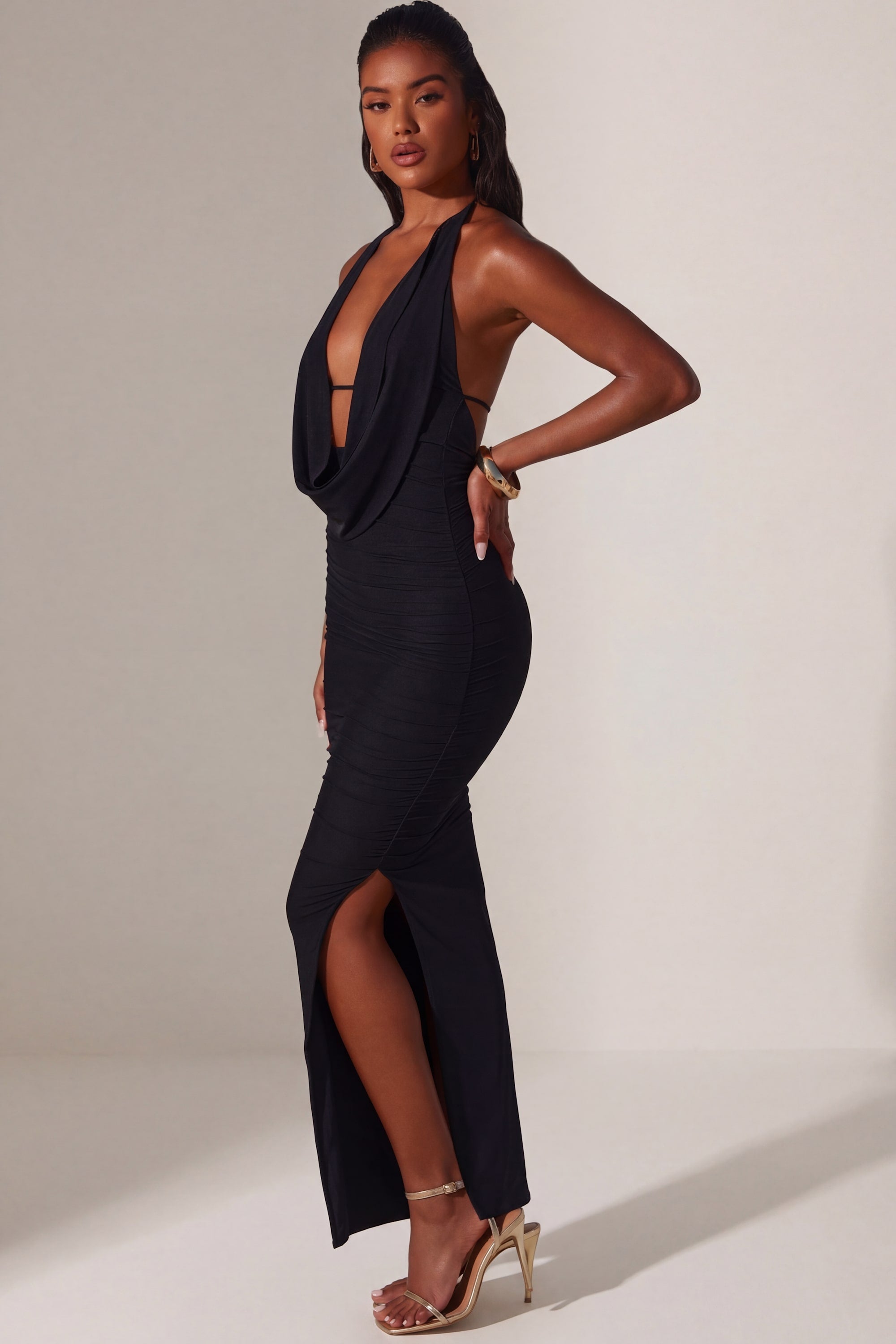Mariposa Plunge Cowl Neck Floor Length Dress in Black