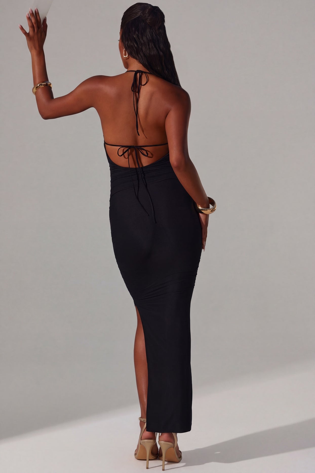 Plunge Cowl Neck Floor Length Dress in Black - 2