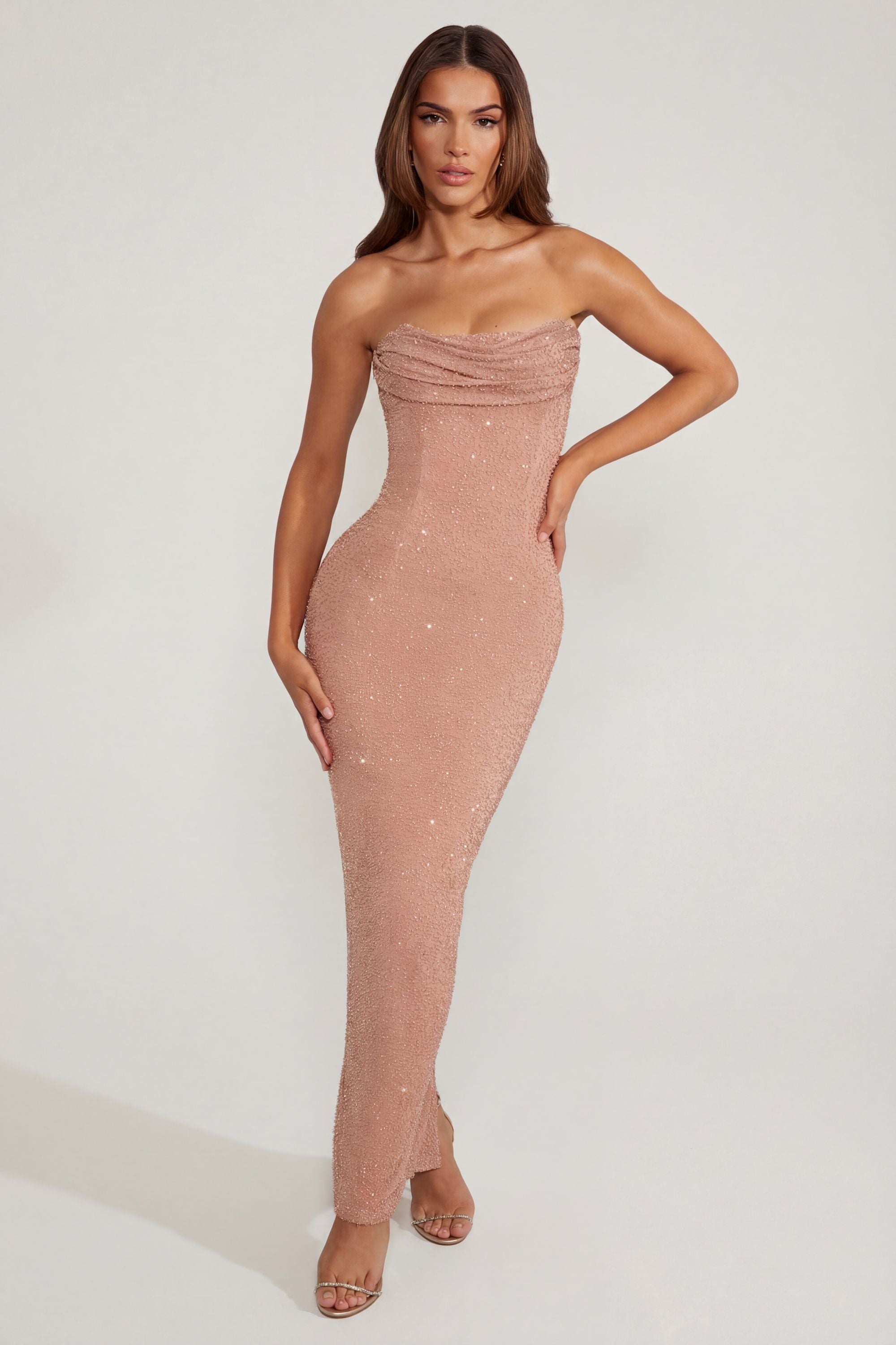 Palermo Embellished Bandeau Cowl Neck Maxi Dress in Beige
