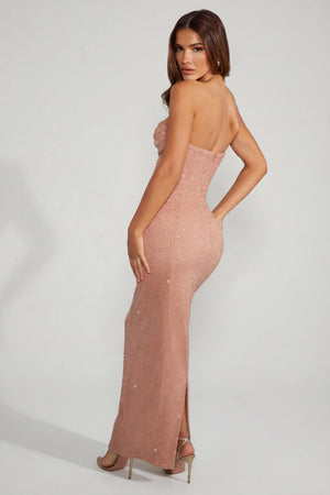 Embellished Bandeau Cowl Neck Maxi Dress in Beige