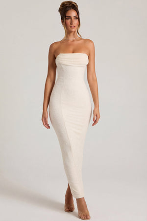 Oh Polly's Priscilla wearing the Palermo Maxi Dress in White Embellished fabric perfect for elegant evening events