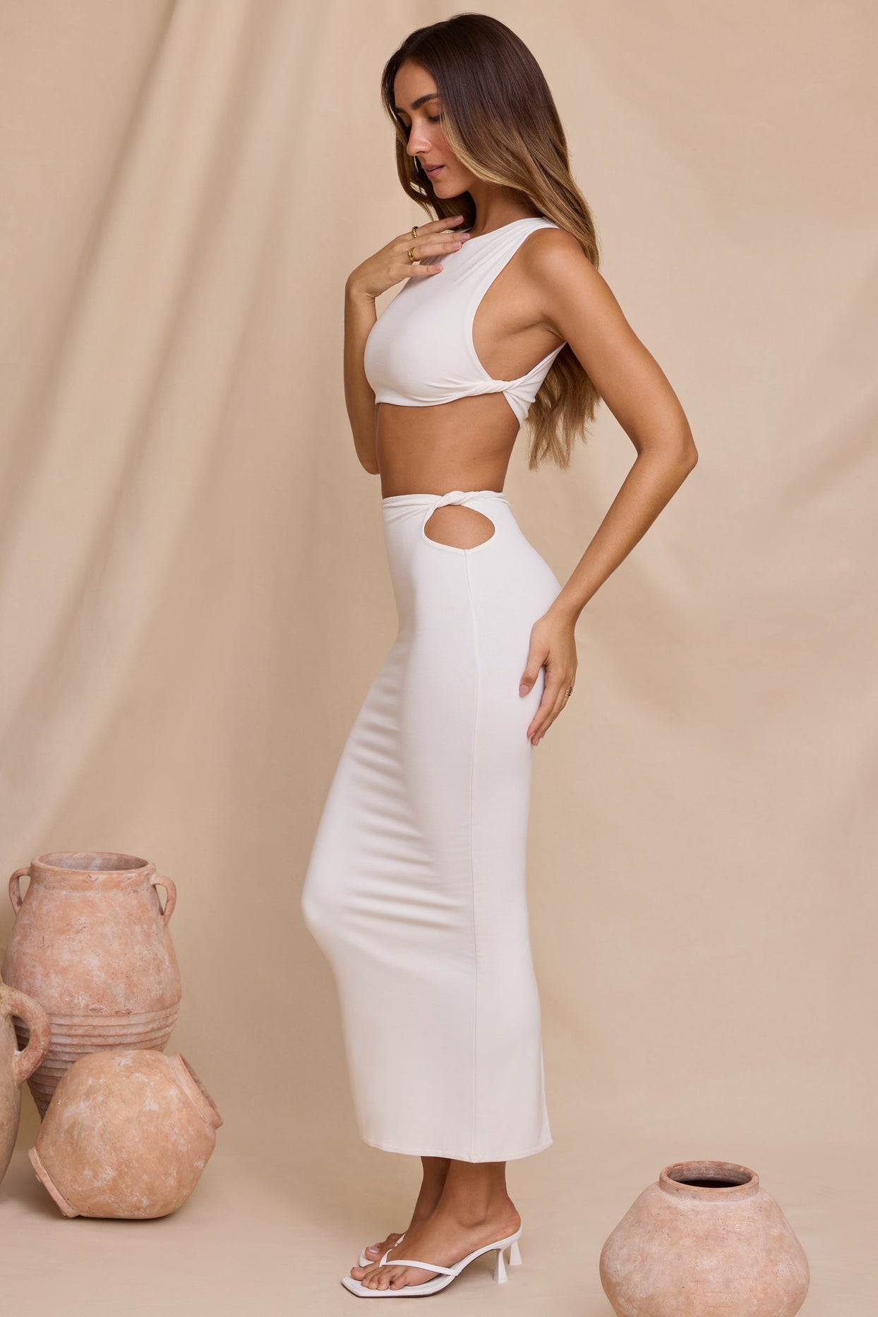 Mid Rise Twist Maxi Skirt in White