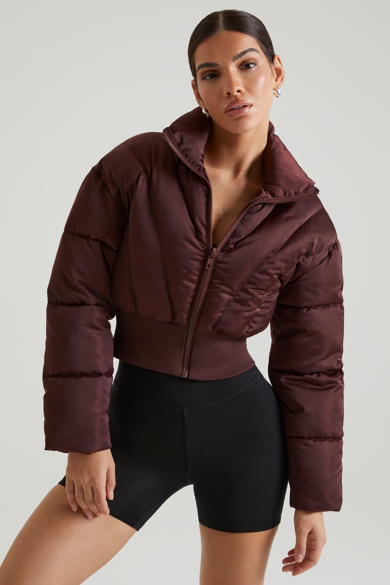 Ribbed Puffer Jacket in Brown
