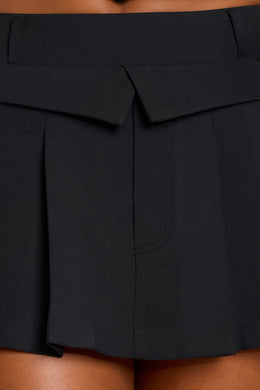 Micro minissaia plissada de cintura média em sarja escovada em preto