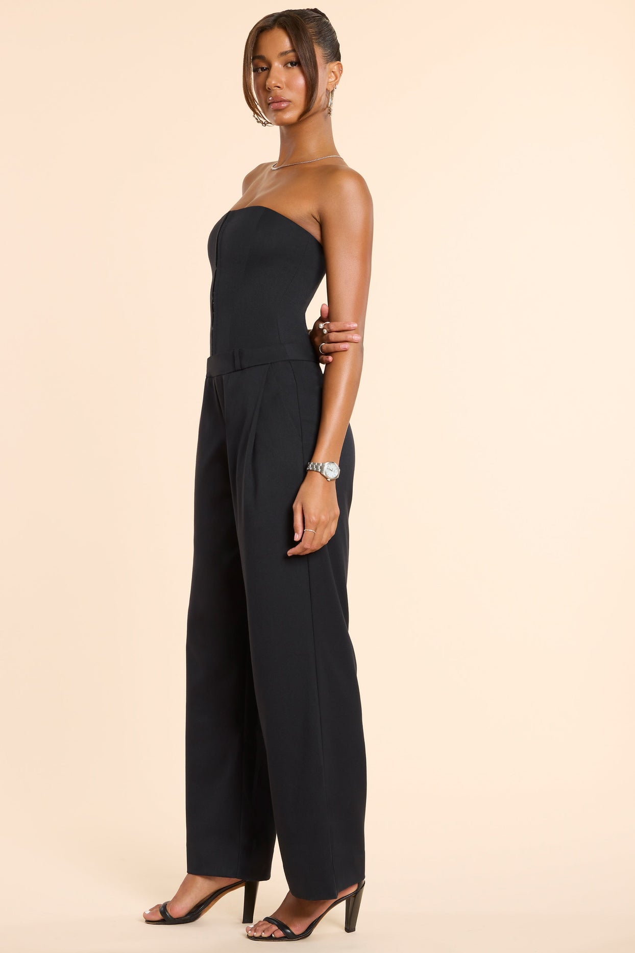 Petite Brushed Twill Bandeau Corset Jumpsuit in Black