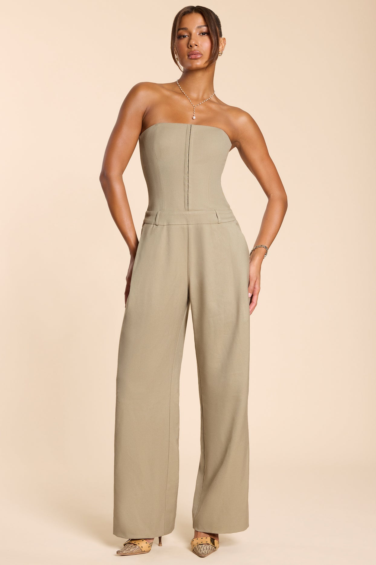 Goldie Woven Wool Bandeau Corset Jumpsuit in Taupe