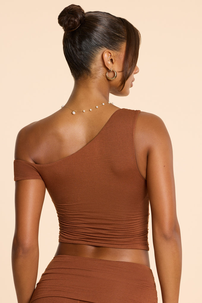 Asymmetric Neck Ruched Modal Cashmere Blend Top in Chestnut Brown