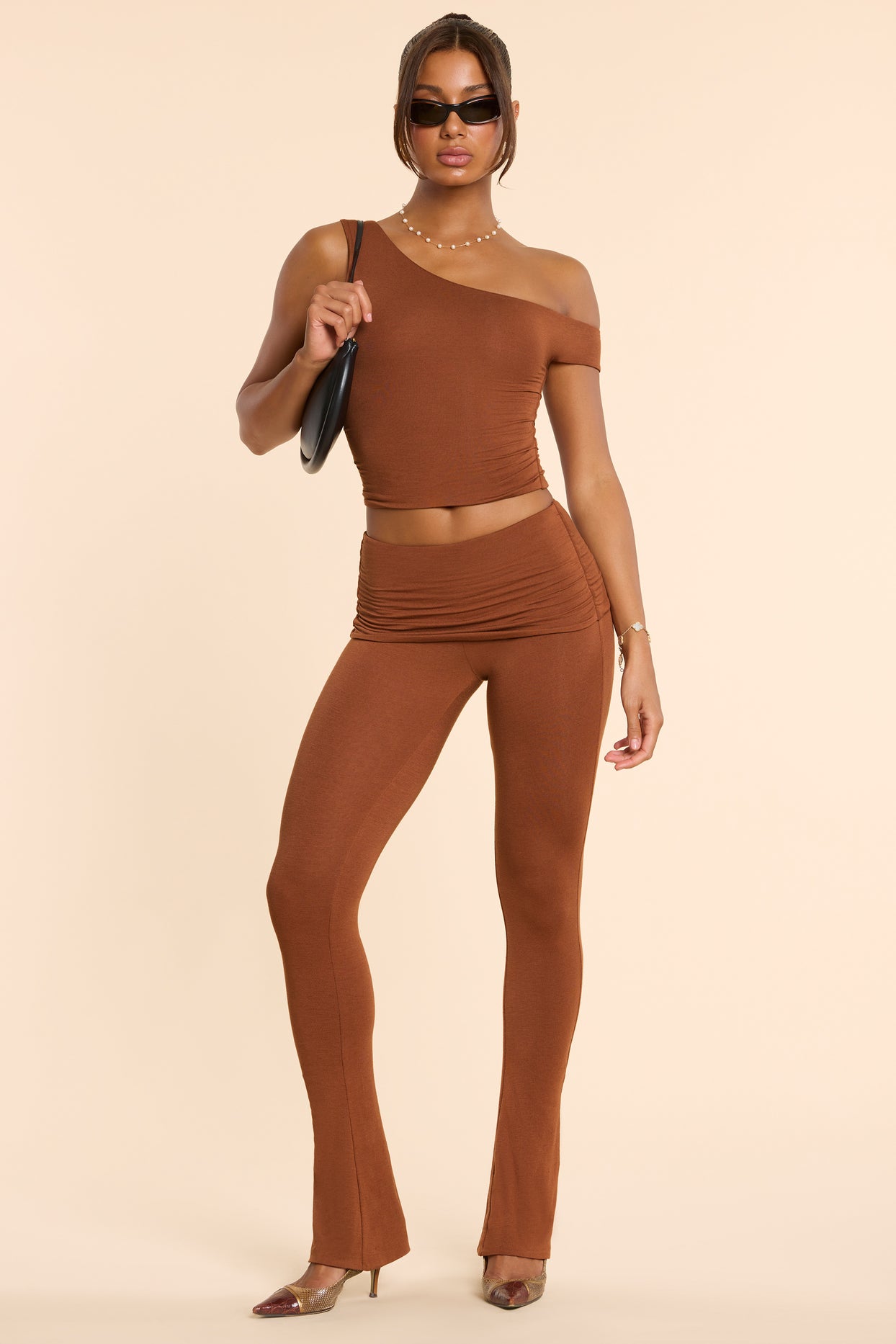 Anona Tall Mid Rise Modal Cashmere Blend Trousers in Chestnut Brown