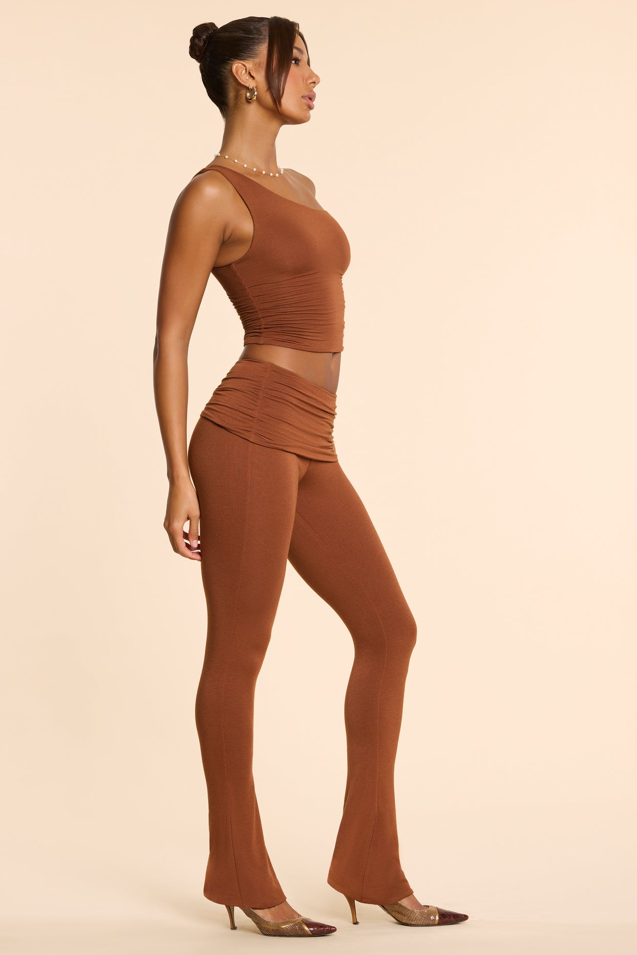 Anona Petite Mid Rise Modal Cashmere Blend Trousers in Chestnut