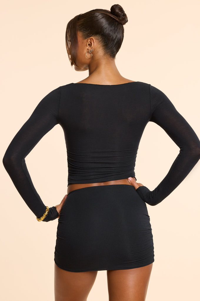 Minifalda de mezcla de cachemira modal fruncida de talle medio en negro