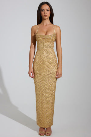 Embellished Cowl-Neck Maxi Dress in Gold