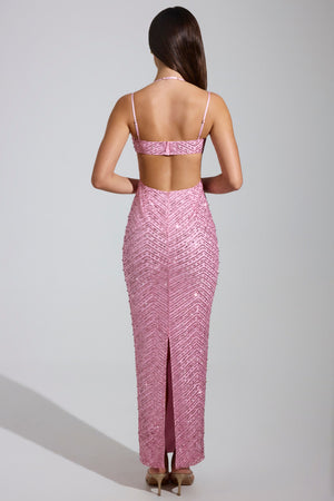 Embellished Cowl-Neck Maxi Dress in Pink