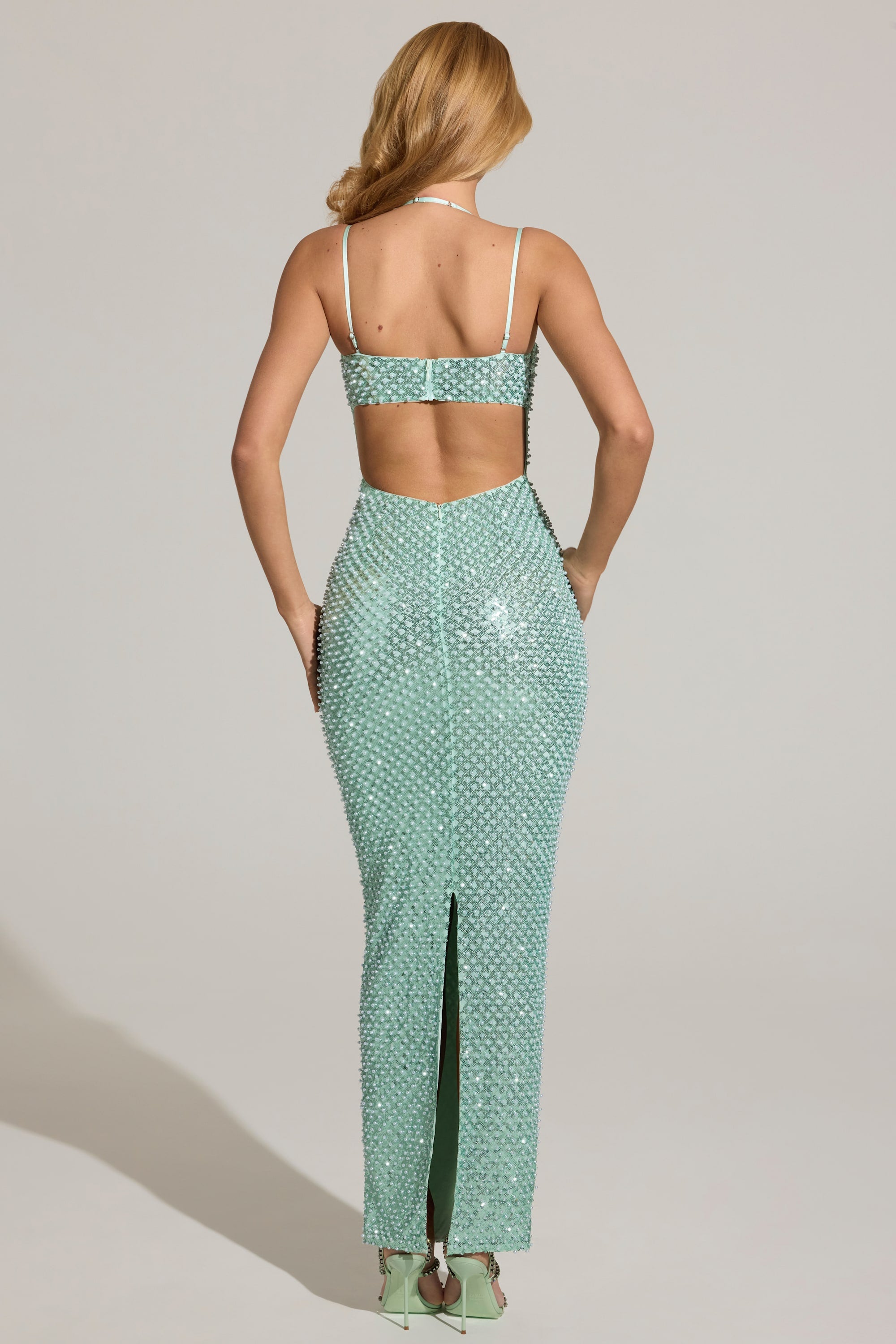 aqua blue maxi dress Destina Plunge making this dress ideal for cocktail parties Women's Aqua Blue Mesh Overlay