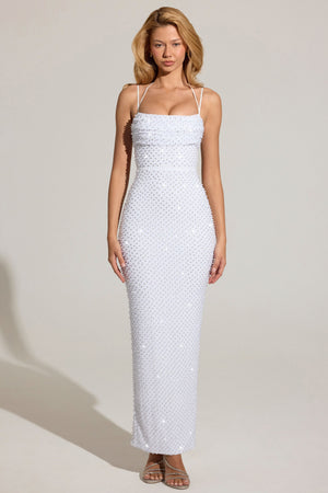 Embellished Cowl-Neck Maxi Dress in White