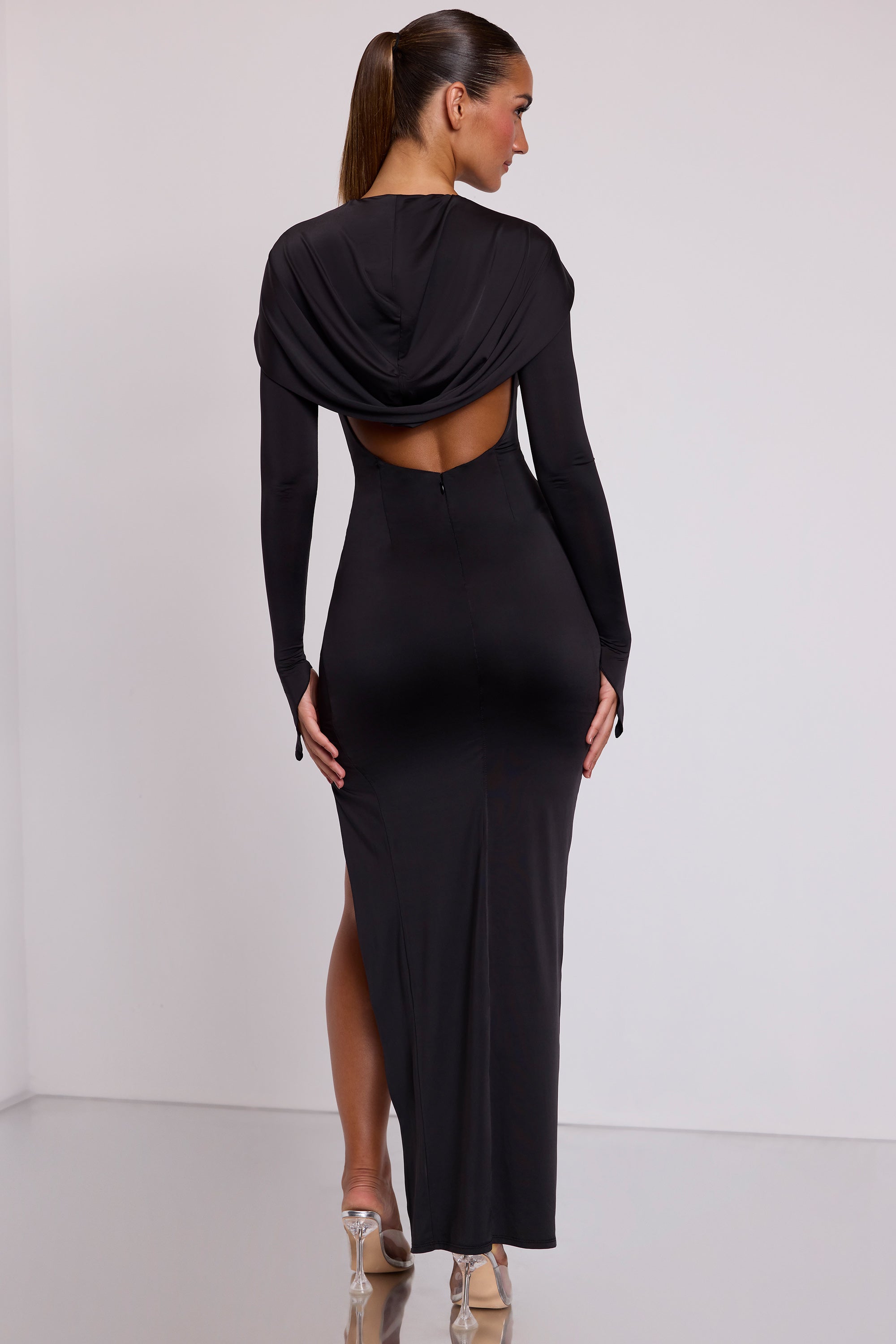Desdemona Hooded Long Sleeve Maxi Dress in Black | Oh Polly