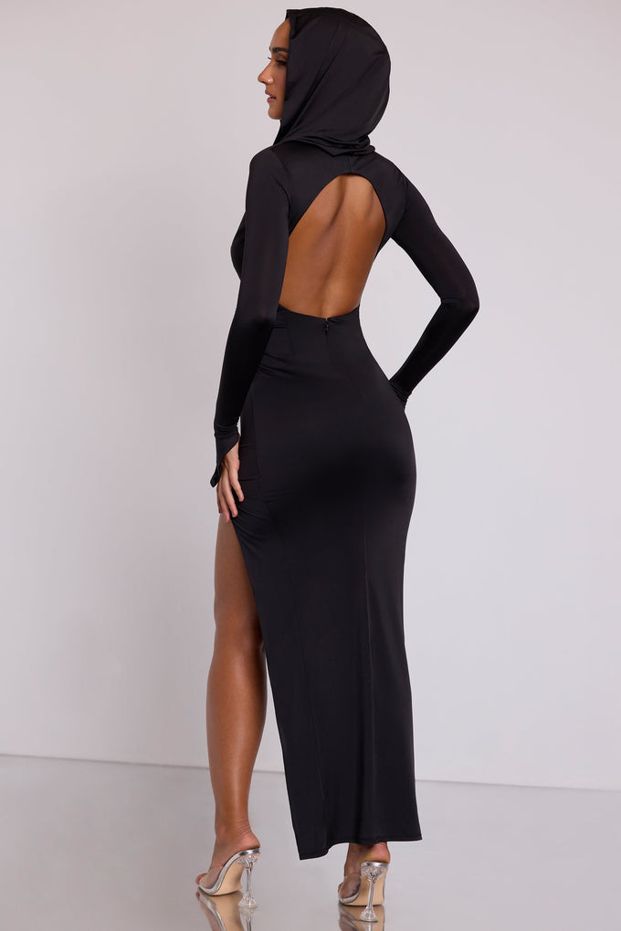 Hooded Long Sleeve Maxi Dress in Black