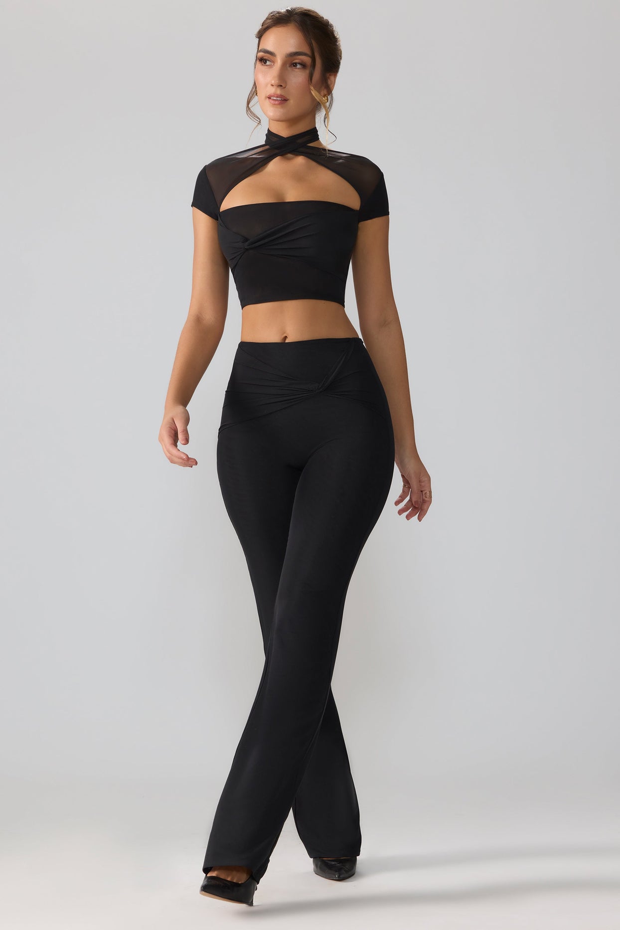 Ridley Petite Mesh Mid Rise Twist Overlay Flare Trousers in Black | Oh ...