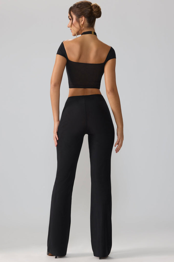 Mesh Mid Rise Twist Overlay Flare Trousers in Black