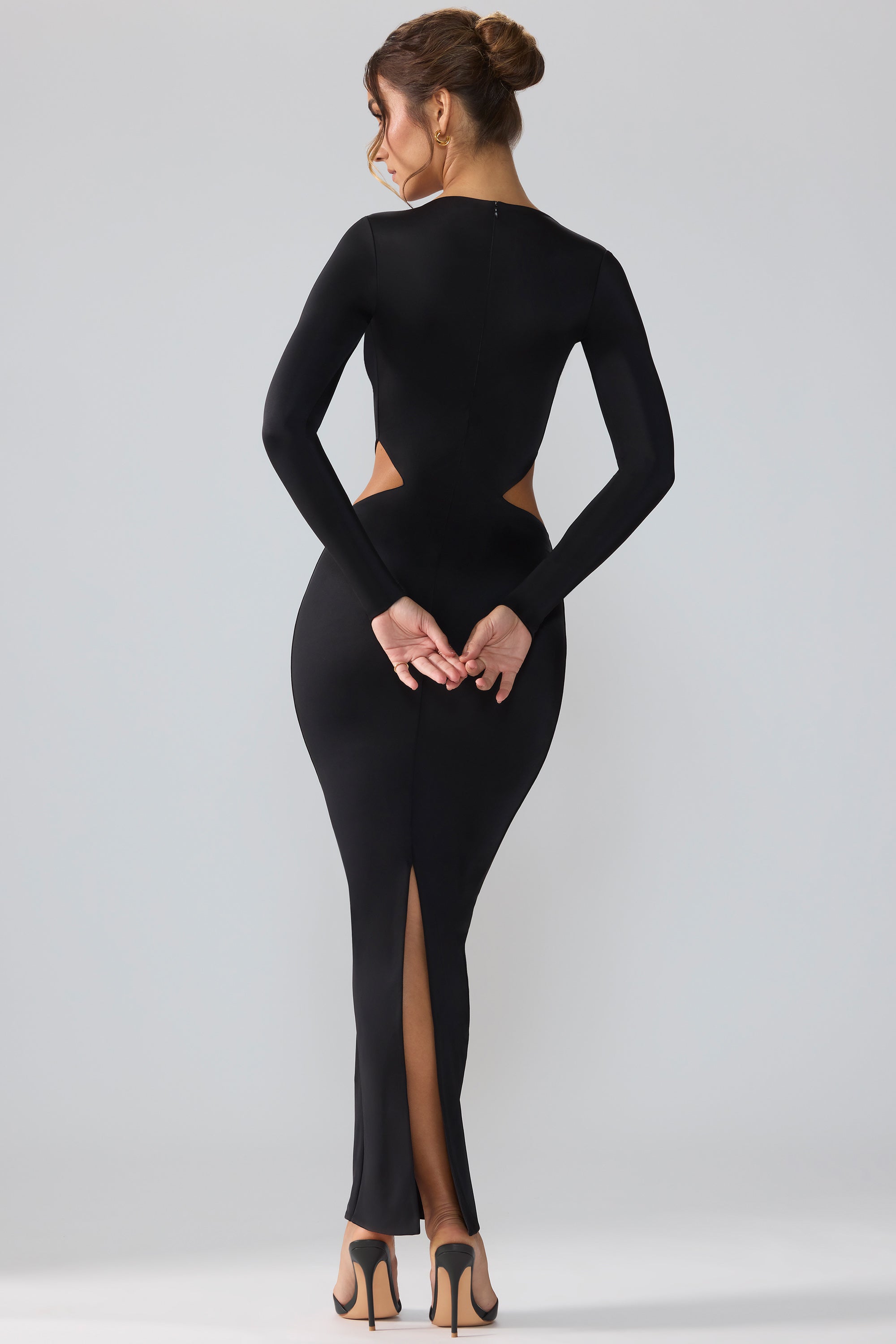 Premium Jersey Long Sleeve Cut Out Maxi Dress in Black