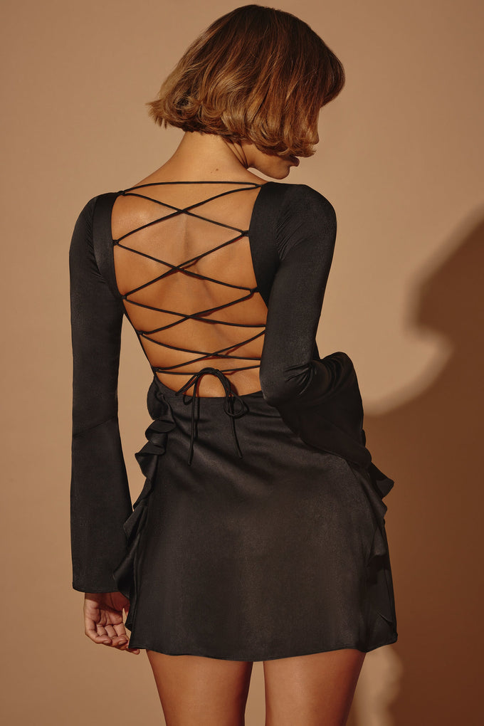 Long Sleeve Bow Mini Dress in Black