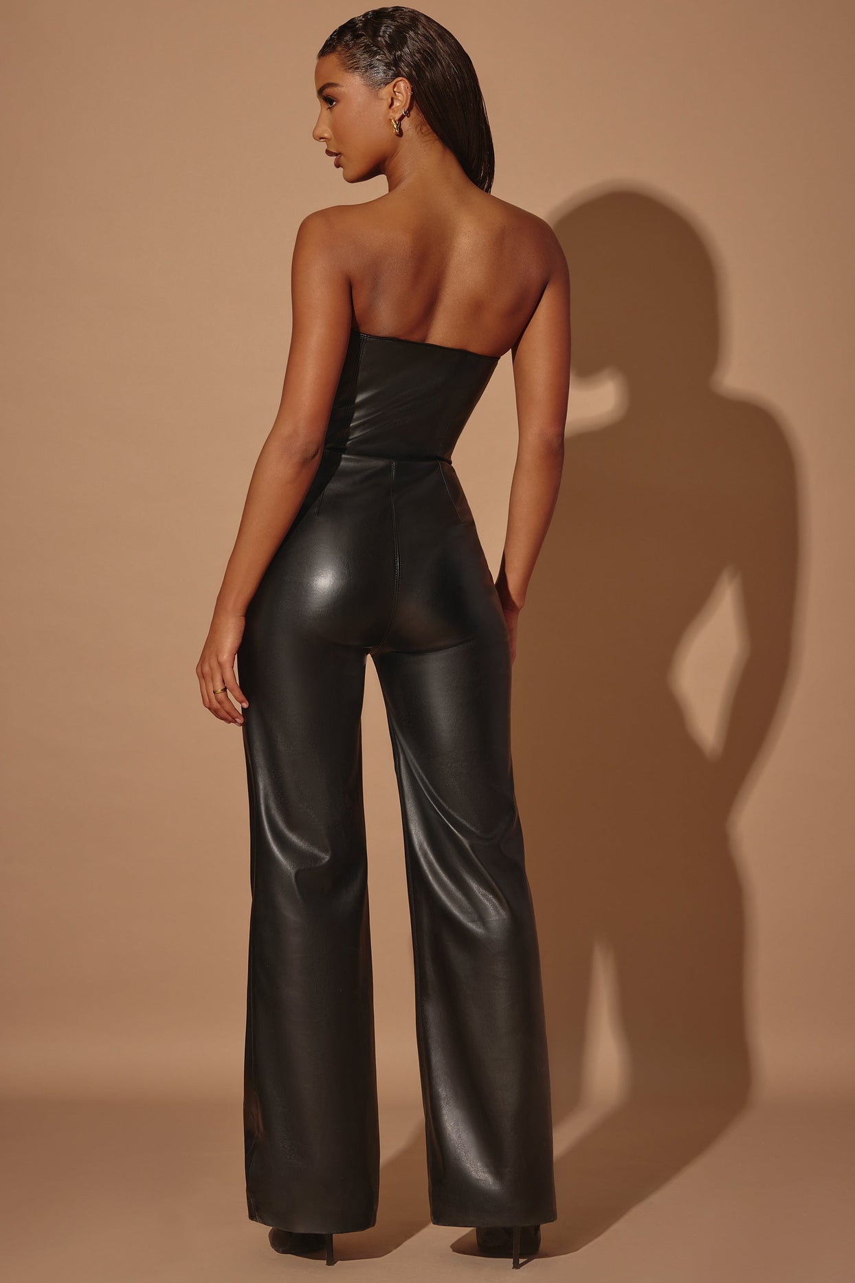Selah Strapless Wide Leg Vegan Leather Jumpsuit in Black