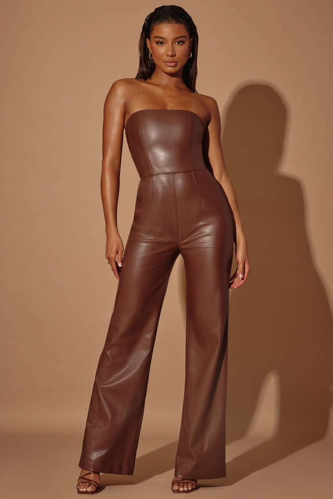 Petite Strapless Wide Leg Vegan Leather Jumpsuit in Brown