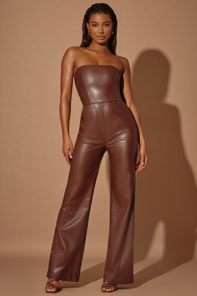 Strapless Wide Leg Vegan Leather Jumpsuit in Brown
