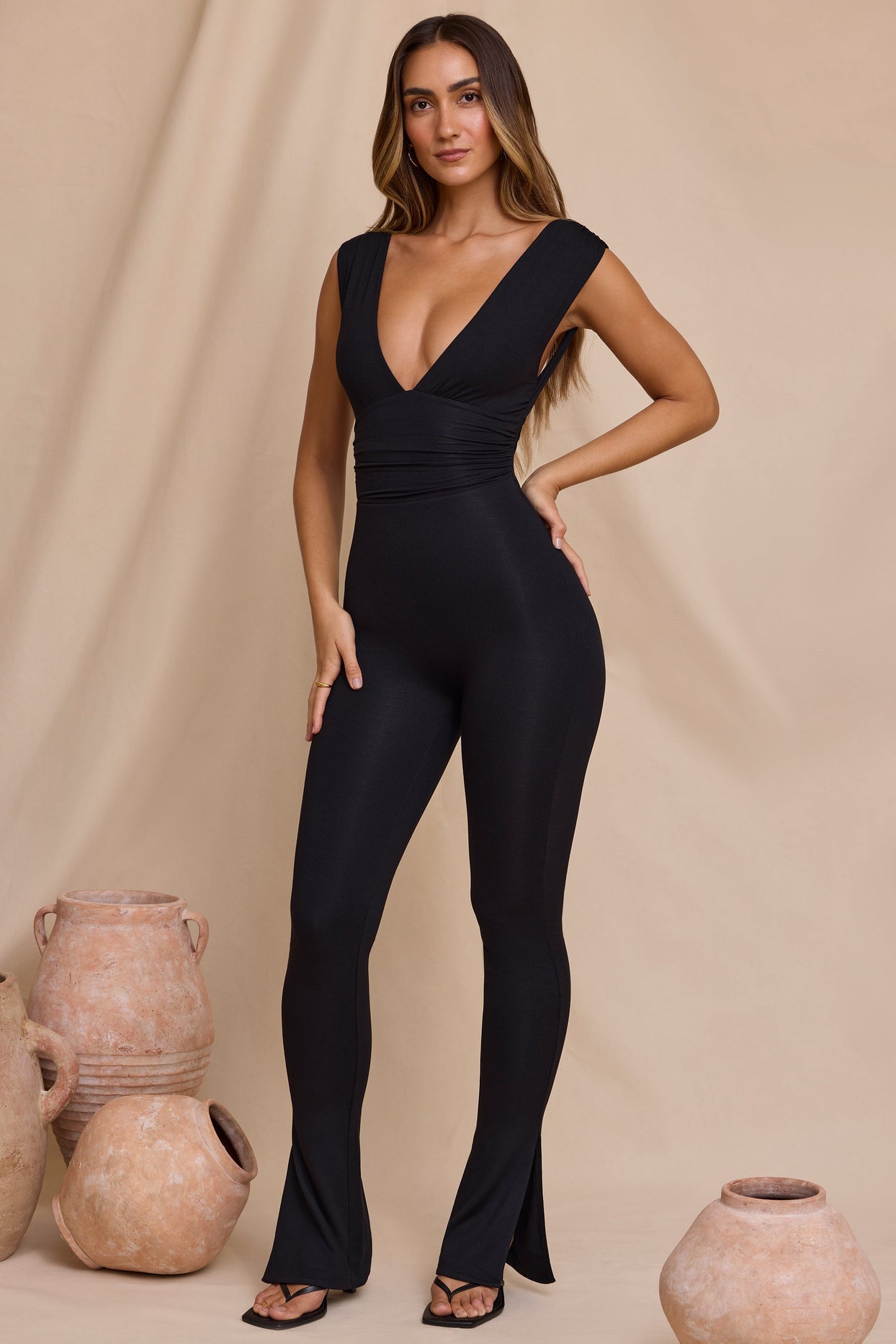 Petite Plunge Neck Ruched Waist Jumpsuit in Black