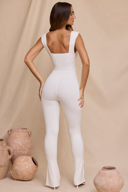 Petite Plunge Neck Ruched Waist Jumpsuit in Ivory