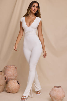 Petite Plunge Neck Ruched Waist Jumpsuit in Ivory