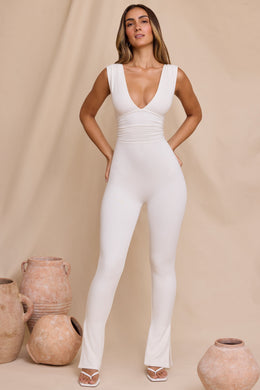 Tall Plunge Neck Ruched Waist Jumpsuit in White