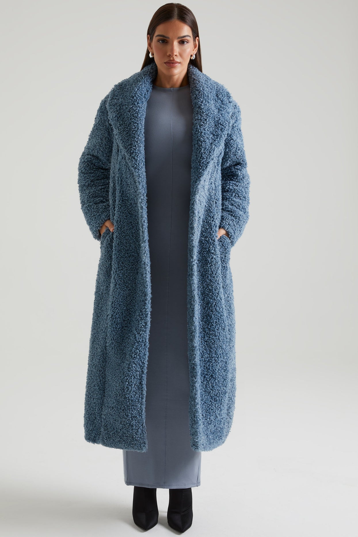 Alaska Long Shearling Coat in Blue | Oh Polly