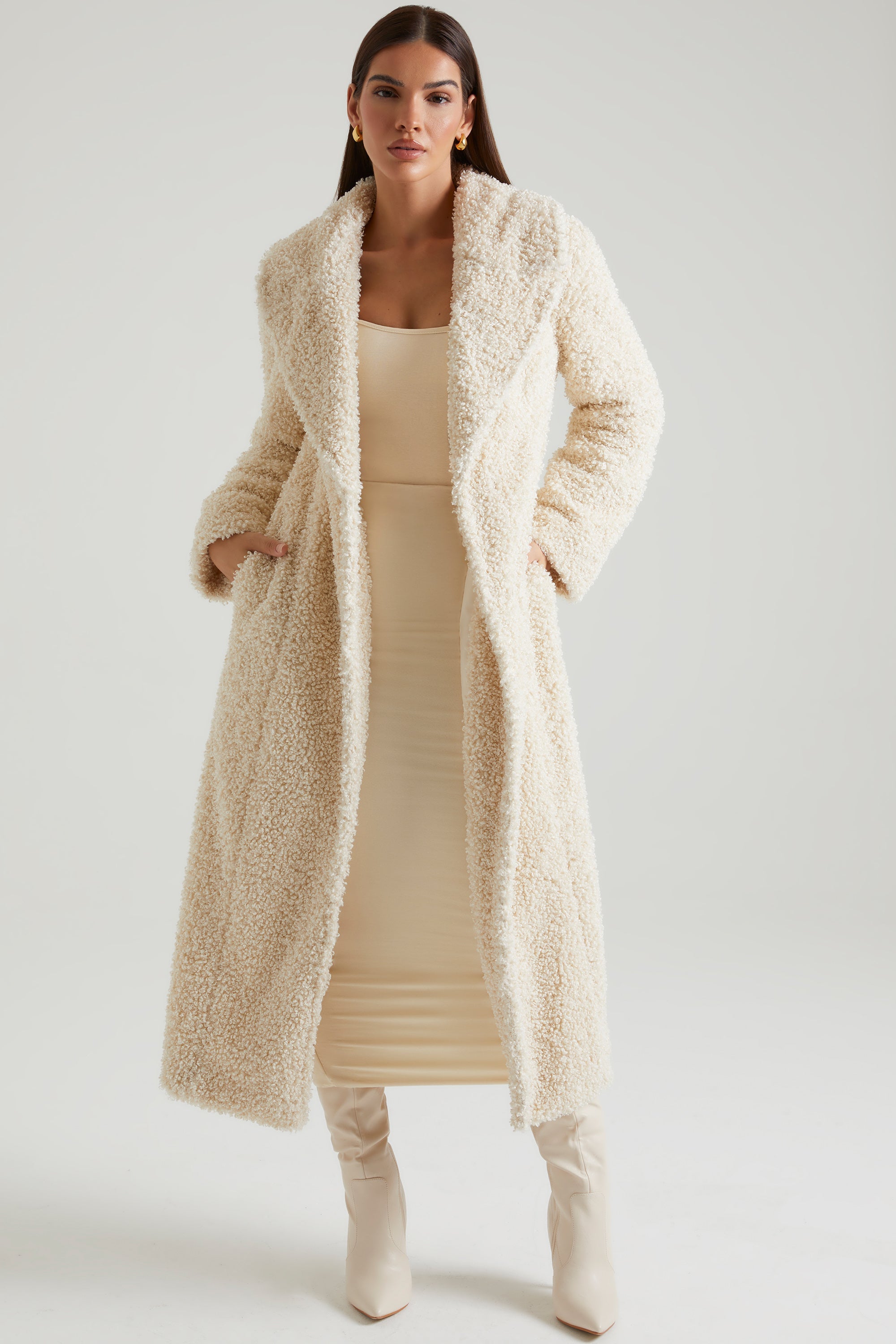 Cream faux fur long hot sale coat