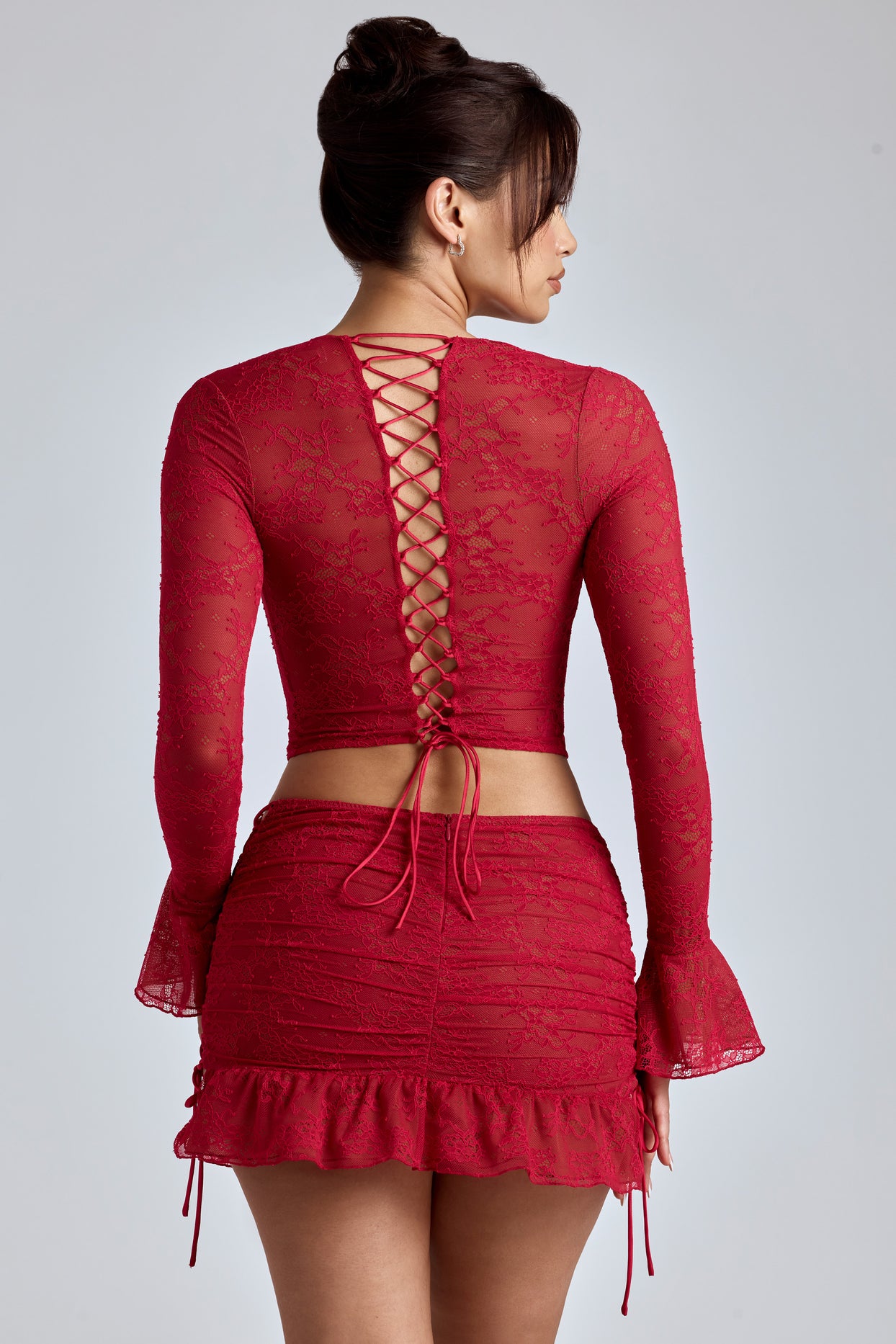Red Lace Long Sleeve Tie Front Shirt, Tops