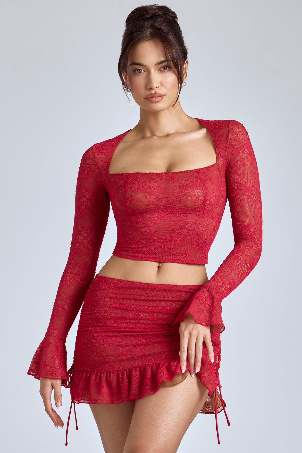 Lace Long Sleeve Top in Cherry Red