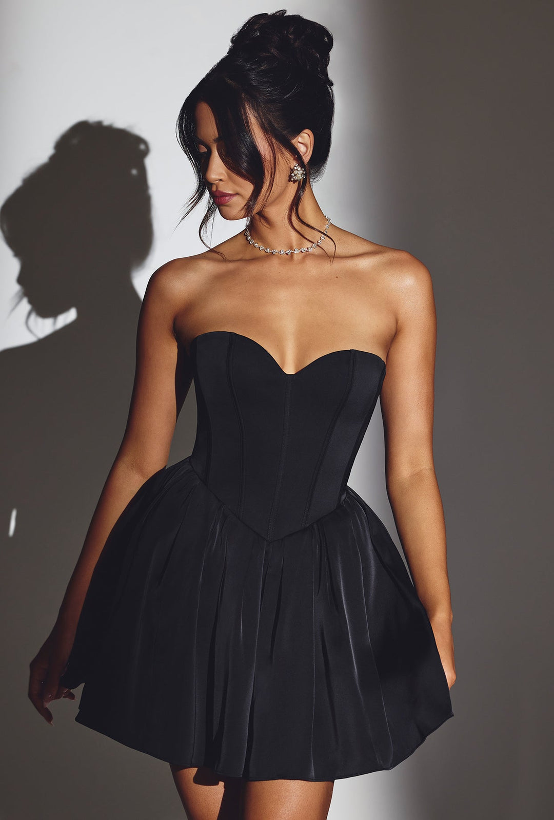 Emeline Bandeau Corset Tulle Skirt Mini Dress in Jet Black