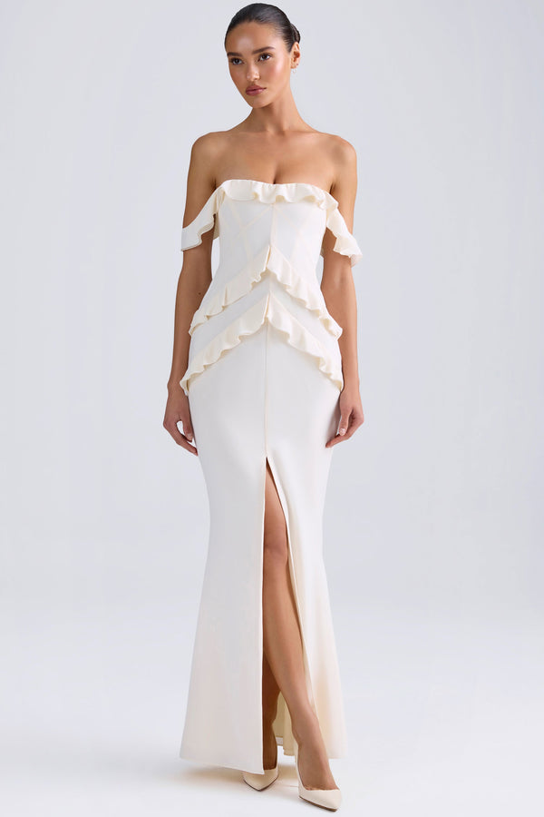 Off-Shoulder Ruffle-Trim Gown in Ivory - 1