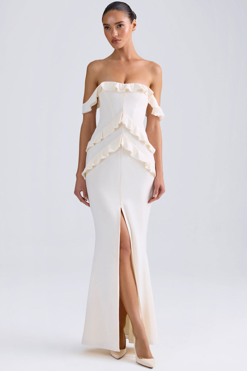 Off-Shoulder Ruffle-Trim Gown in Ivory - 1