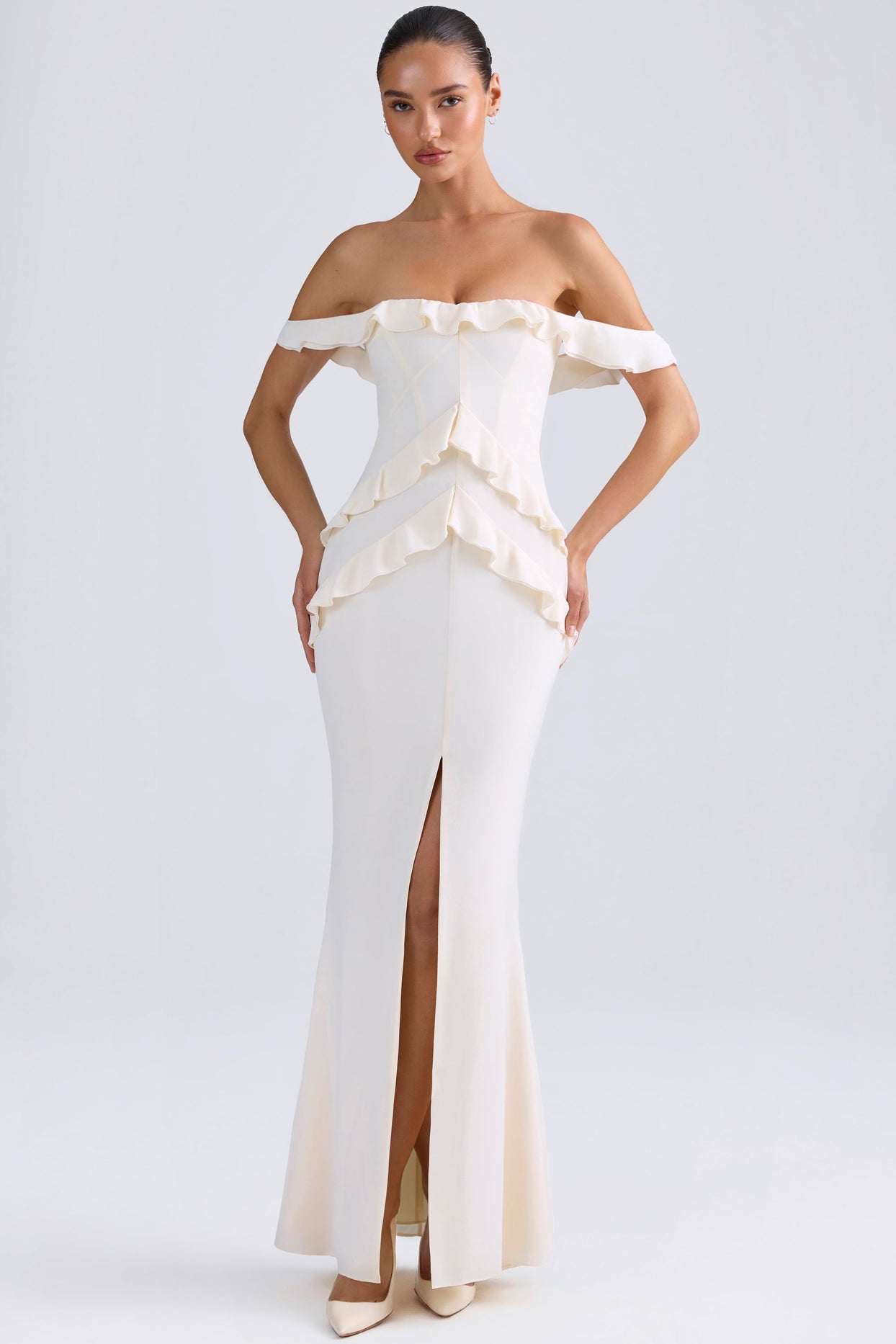 Hemera Off-Shoulder Ruffle-Trim Gown in Ivory | Oh Polly Hemera Off-Shoulder Ruffle-Trim Gown in Ivory | Oh Polly