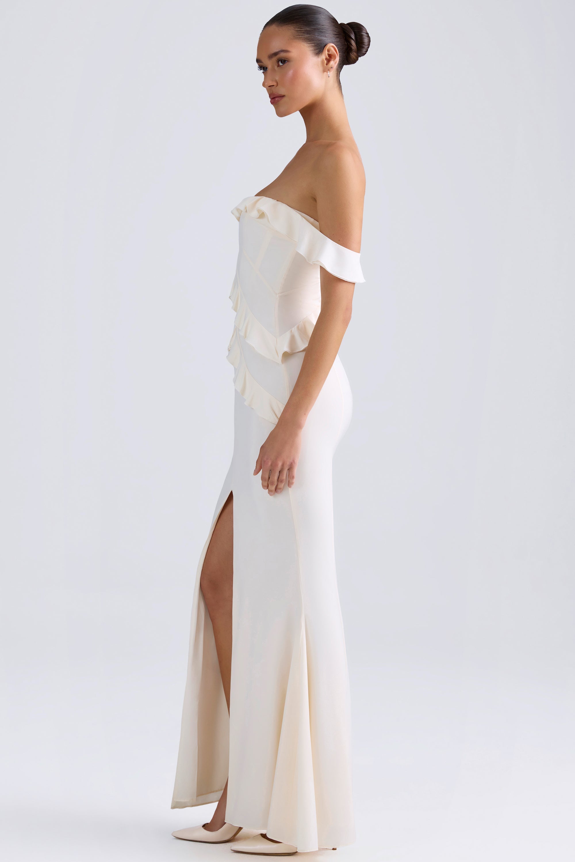 Hemera Off-Shoulder Ruffle-Trim Gown in Ivory