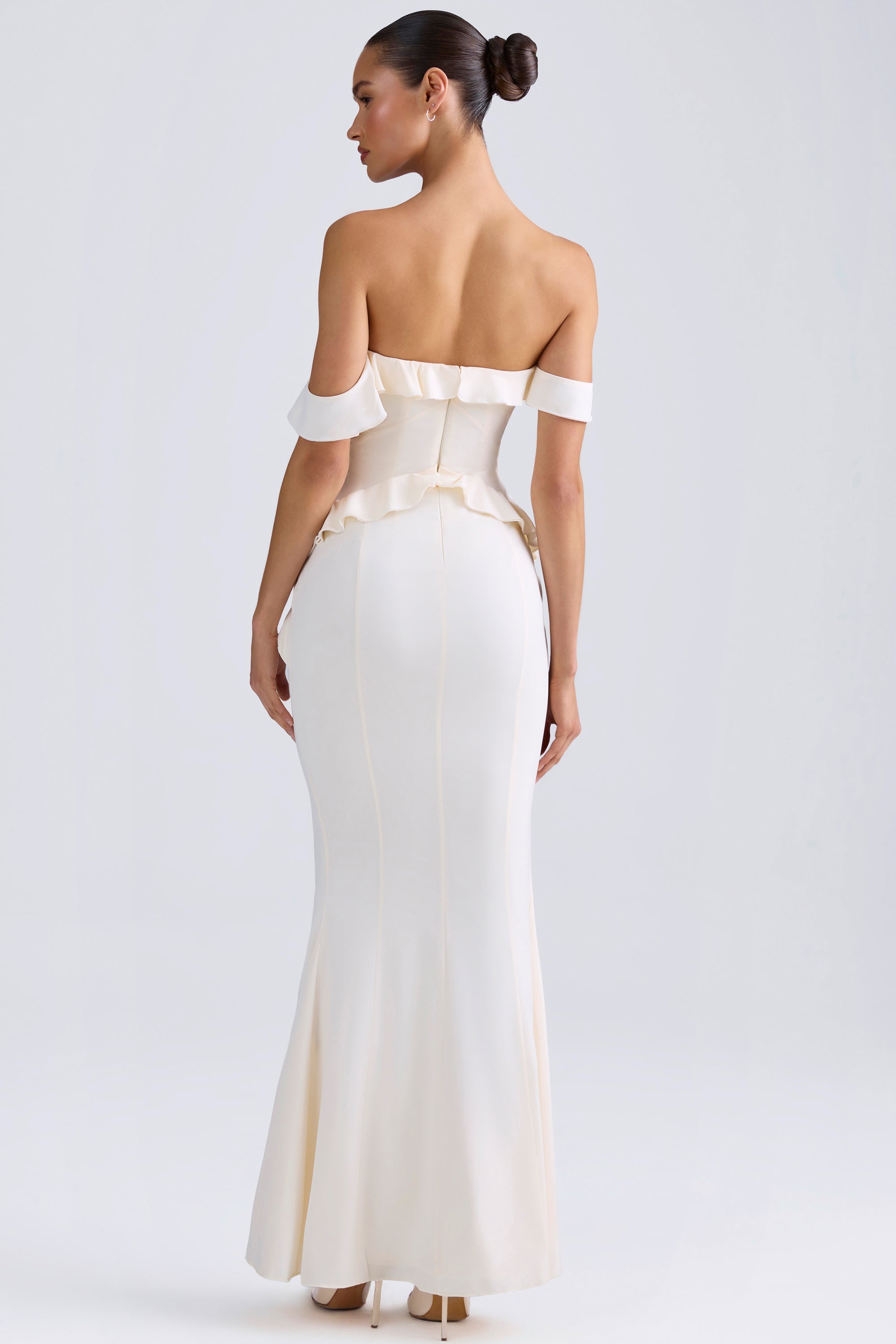 off the shoulder ruffle dress white OTS Maxi - Ruffled Overlay Gown - Column Maxi Dress Flare long sleeve Off shoulder bubble hem mini