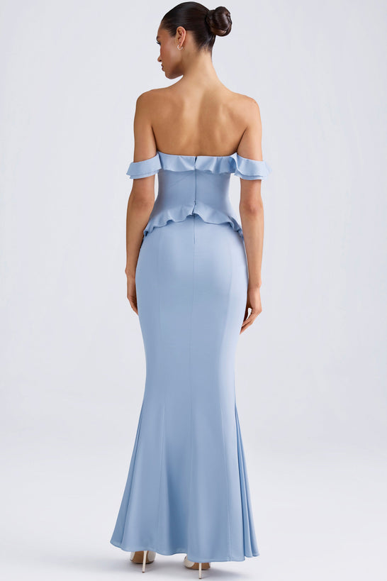 Off-Shoulder Ruffle-Trim Gown in Light Blue