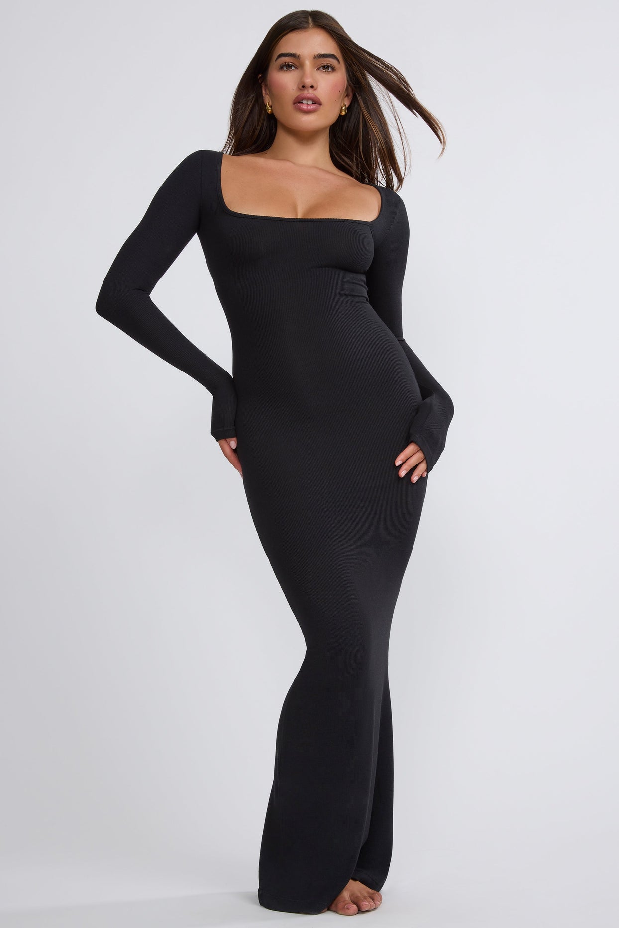 Ribbed Modal Long Sleeve Maxi Dress in Black - Main Image