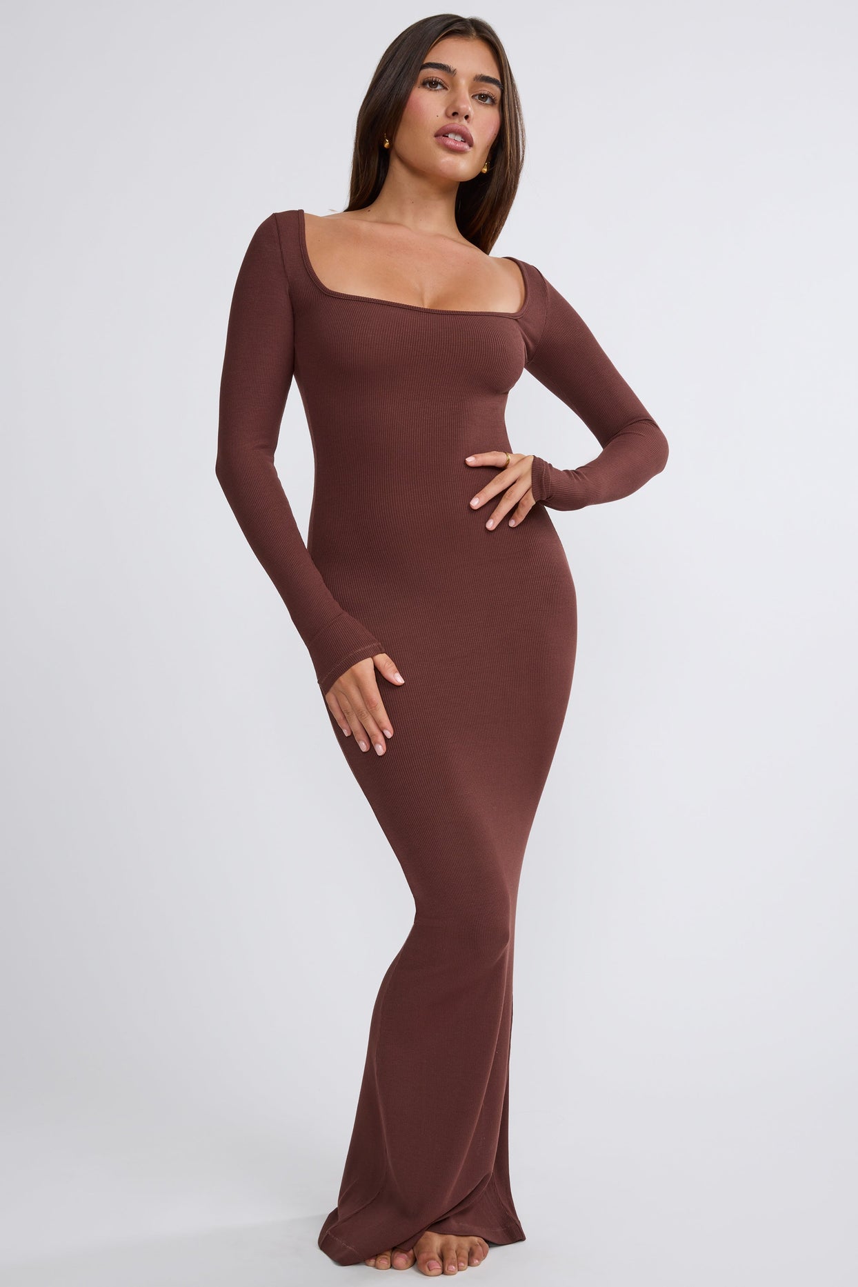 Ribbed Modal Long Sleeve Maxi Dress in Chocolate